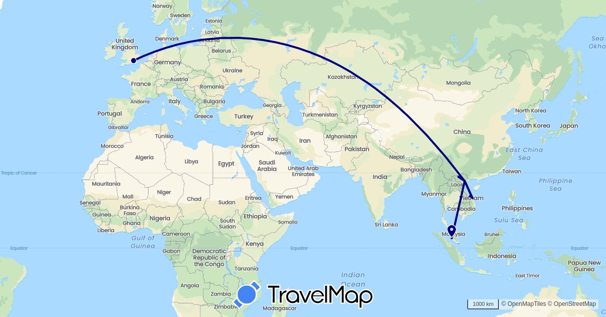 TravelMap itinerary: driving in United Kingdom, Malaysia, Vietnam (Asia, Europe)
